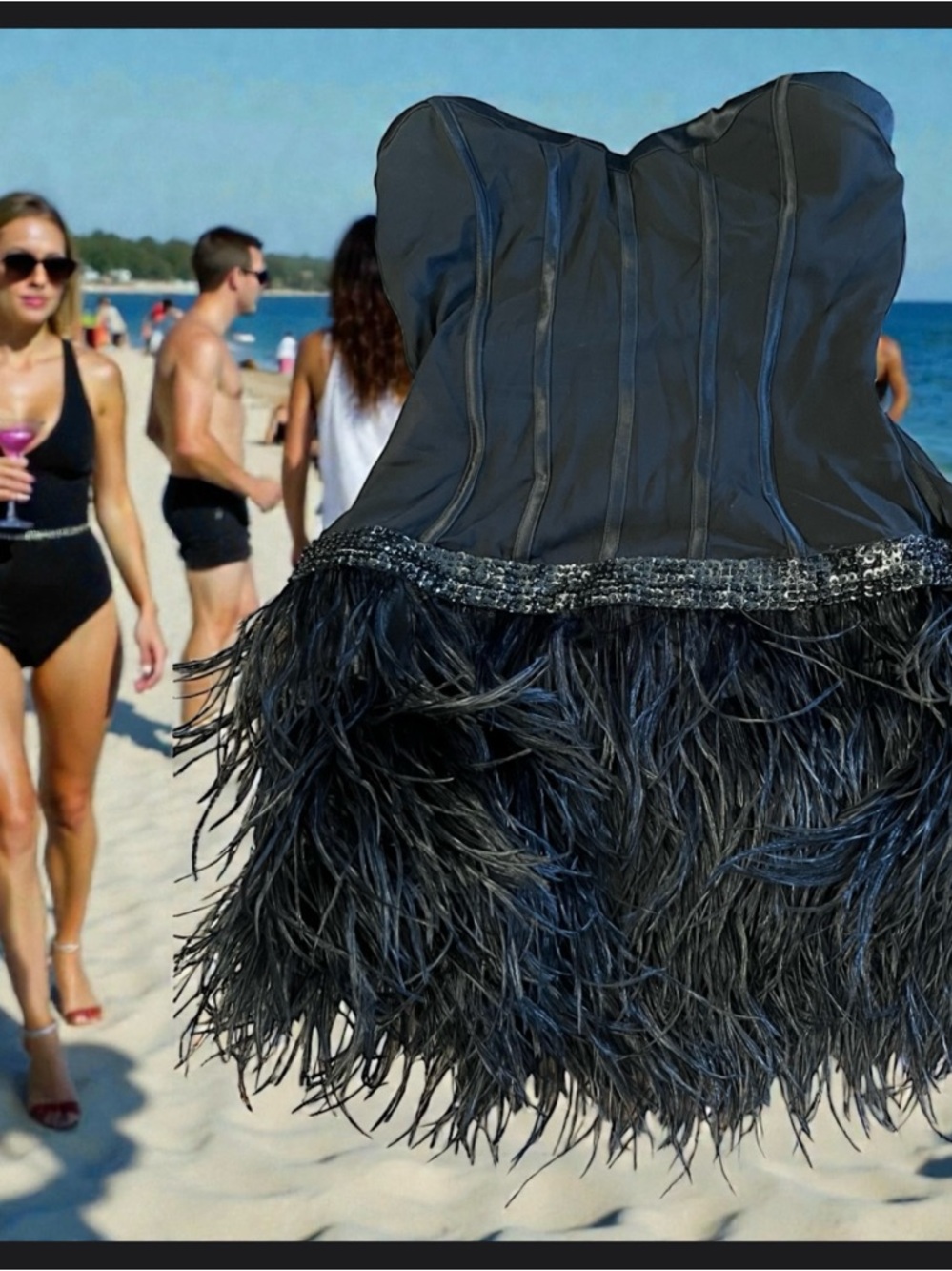 bebe Black Strapless Feather-Trim Mini Dress